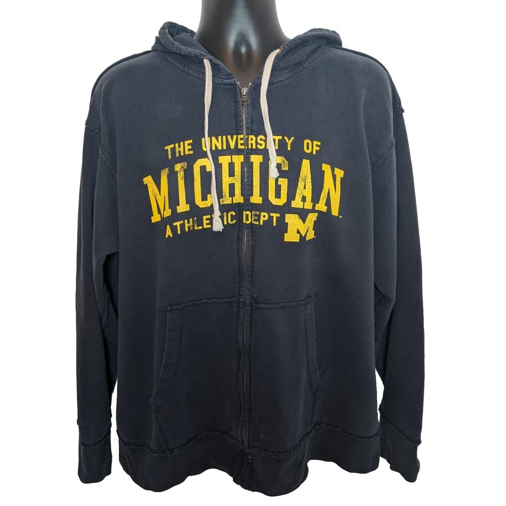 University of Michigan Hoodie J2 Sport XL Full Zip Sweatshirt Navy Blue Distress